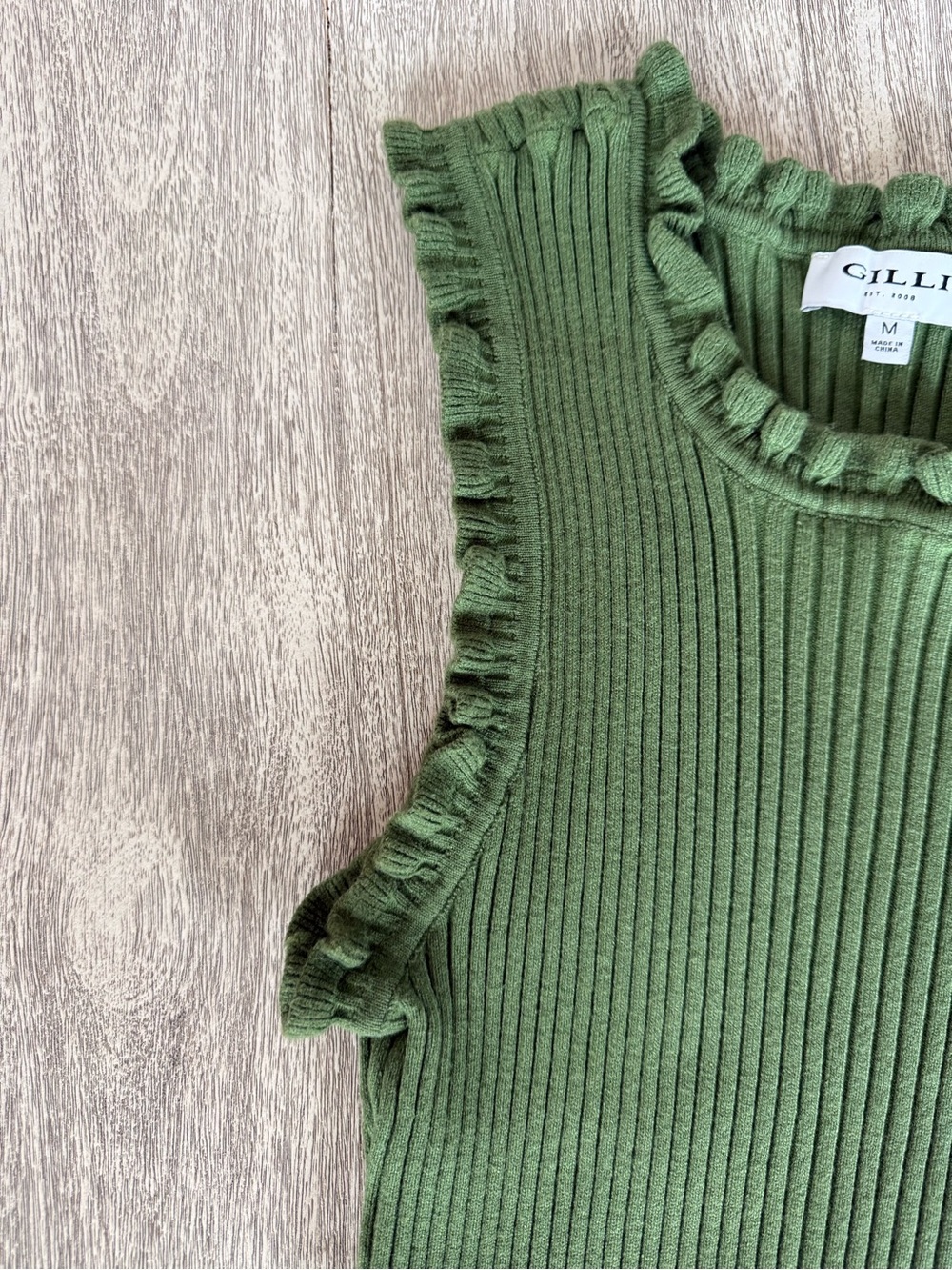 Olive Ribbed Ruffle-Trim Sleeveless Top - Picture 3 of 3